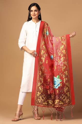 Red Assam Silk Designer Digital Printed Partywear Dupatta