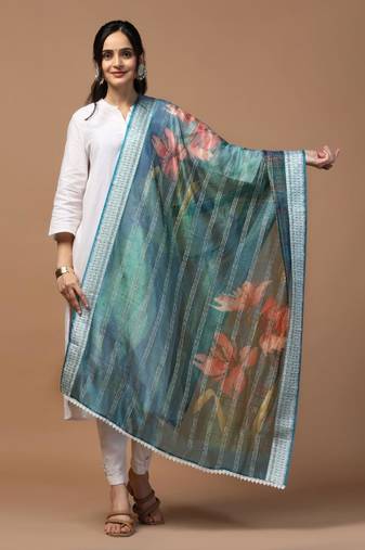Blue Organza Fabric Wevon Designer With Digital Printed Ceremonial Stylish Dupatta