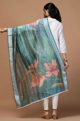 Blue Organza Fabric Wevon With Digital Printed Ceremonial Stylish Dupatta