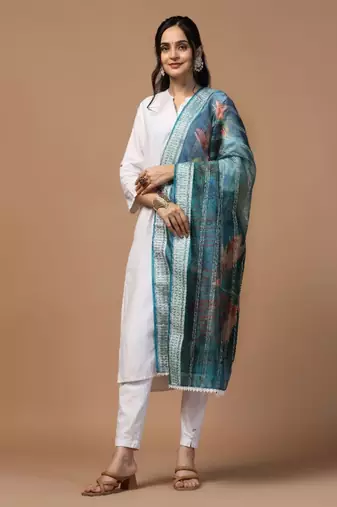 Blue Organza Fabric Wevon With Digital Printed Ceremonial Stylish Dupatta