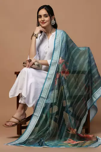 Blue Organza Fabric Wevon With Digital Printed Ceremonial Stylish Dupatta