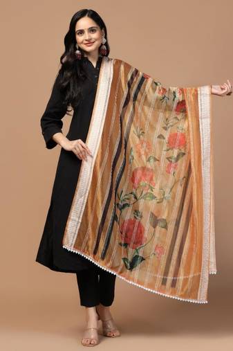 Peach Organza Fabric Wevon Designer With Digital Printed Ceremonial Stylish Dupatta