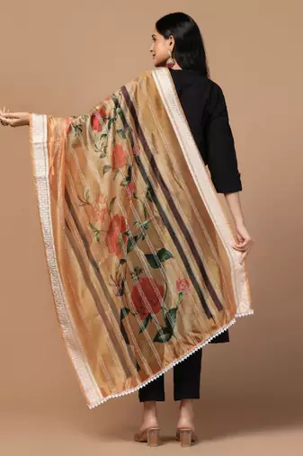 Peach Organza Fabric Wevon With Digital Printed Ceremonial Stylish Dupatta