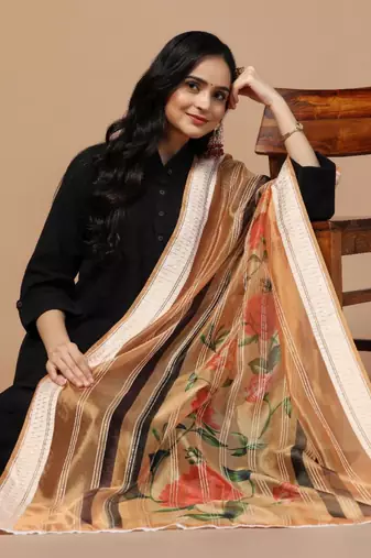 Peach Organza Fabric Wevon With Digital Printed Ceremonial Stylish Dupatta
