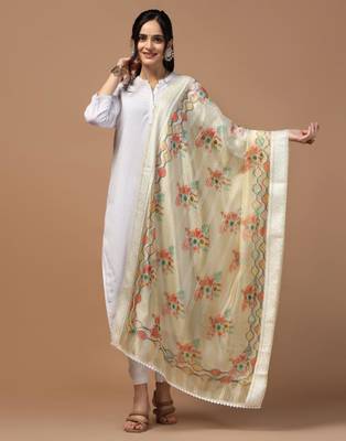 Cream Organza Fabric Wevon With Digital Printed Ceremonial Stylish Dupatta 1