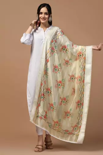 Cream Organza Fabric Wevon Designer With Digital Printed Ceremonial Stylish Dupatta