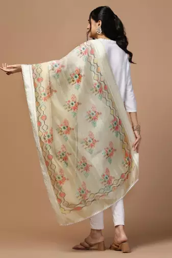 Cream Organza Fabric Wevon With Digital Printed Ceremonial Stylish Dupatta