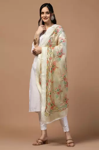 Cream Organza Fabric Wevon With Digital Printed Ceremonial Stylish Dupatta
