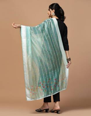Sea Green Organza Fabric Wevon With Digital Printed Ceremonial Stylish Dupatta 2