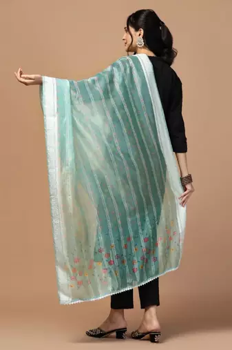 Sea Green Organza Fabric Wevon With Digital Printed Ceremonial Stylish Dupatta