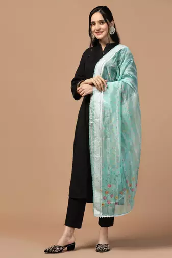 Sea Green Organza Fabric Wevon With Digital Printed Ceremonial Stylish Dupatta