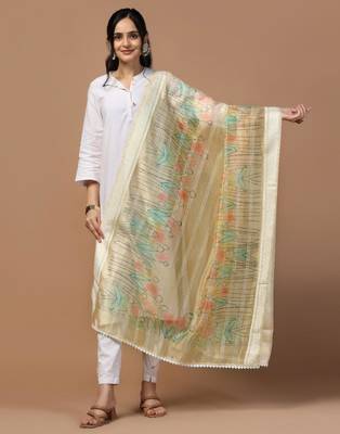 Beige Organza Fabric Wevon With Digital Printed Ceremonial Stylish Dupatta 1