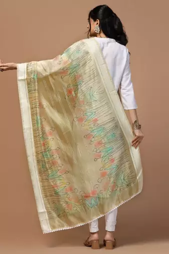 Beige Organza Fabric Wevon With Digital Printed Ceremonial Stylish Dupatta