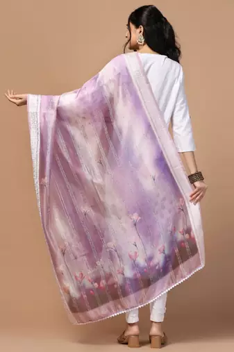 Purple Organza Fabric Wevon With Digital Printed Ceremonial Stylish Dupatta