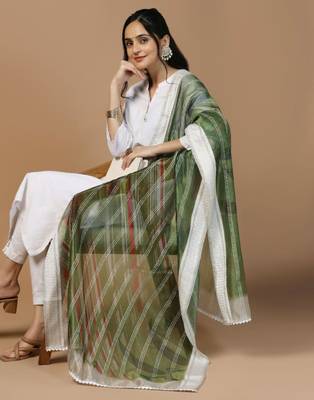 Green Organza Fabric Wevon With Digital Printed Ceremonial Stylish Dupatta 4