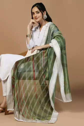 Green Organza Fabric Wevon With Digital Printed Ceremonial Stylish Dupatta