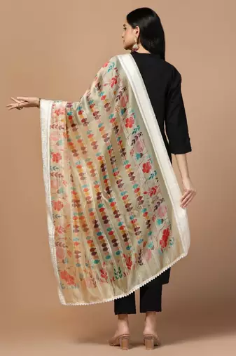 Peach Organza Fabric Wevon With Digital Printed Ceremonial Stylish Dupatta