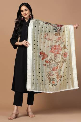 Cream Organza Fabric Wevon Designer With Digital Printed Ceremonial Stylish Dupatta