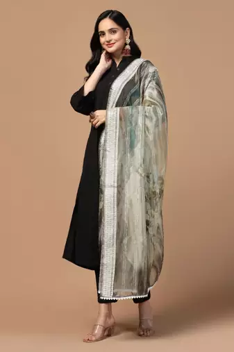 Grey Organza Fabric Wevon With Digital Printed Ceremonial Stylish Dupatta