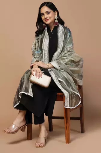Grey Organza Fabric Wevon With Digital Printed Ceremonial Stylish Dupatta