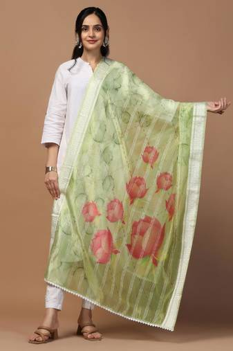 Green Organza Fabric Wevon Designer With Digital Printed Ceremonial Stylish Dupatta