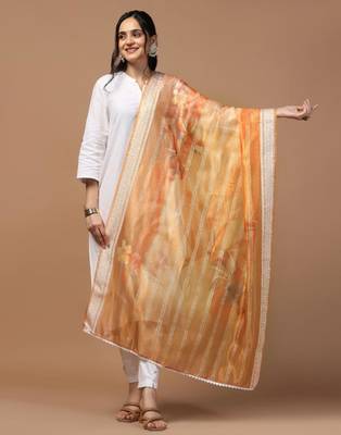 Orange Organza Fabric Wevon With Digital Printed Ceremonial Stylish Dupatta 1