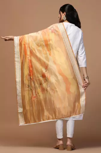 Orange Organza Fabric Wevon With Digital Printed Ceremonial Stylish Dupatta