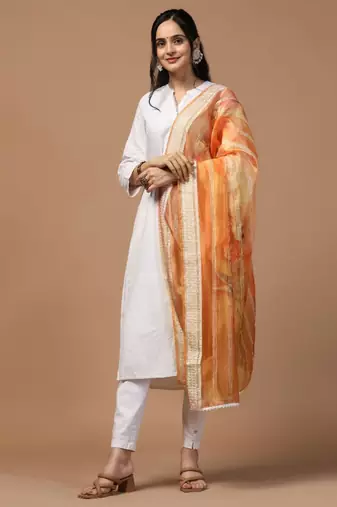 Orange Organza Fabric Wevon With Digital Printed Ceremonial Stylish Dupatta