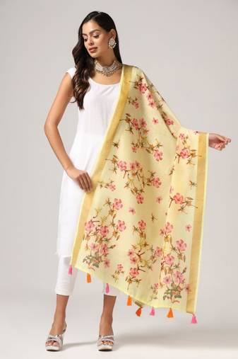 Wevon Jari Border Designer With Digital Printed Yellow Linen Dupatta