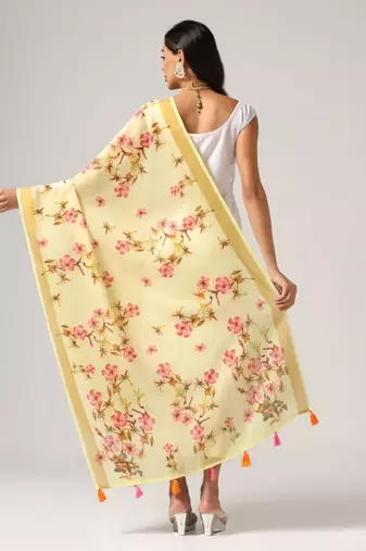 Wevon Jari Border With Digital Printed Yellow Linen Dupatta