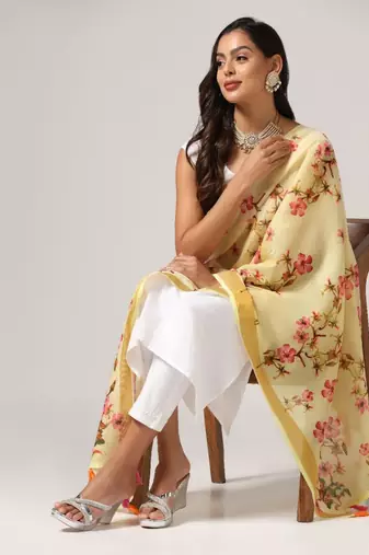 Wevon Jari Border With Digital Printed Yellow Linen Dupatta