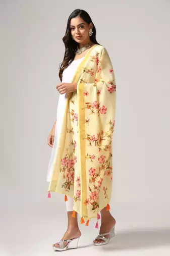 Wevon Jari Border With Digital Printed Yellow Linen Dupatta