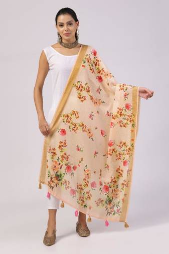 Wevon Jari Border Designer With Digital Printed Peach Linen Dupatta
