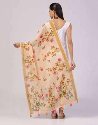 Wevon Jari Border With Digital Printed Peach Linen Dupatta 2