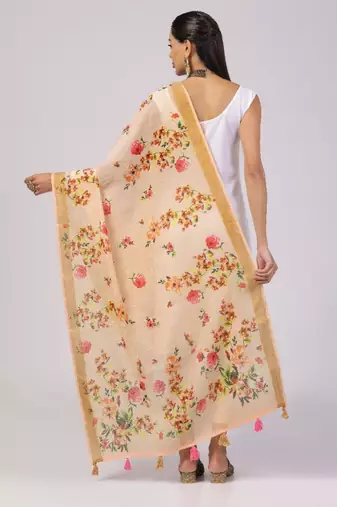 Wevon Jari Border With Digital Printed Peach Linen Dupatta