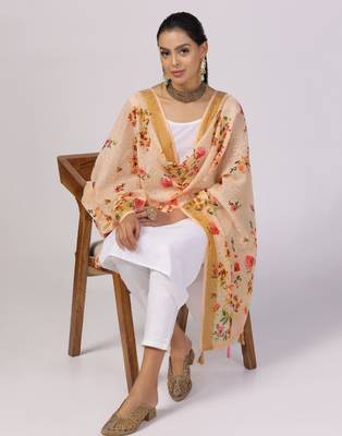 Wevon Jari Border With Digital Printed Peach Linen Dupatta 3