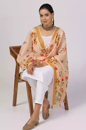 Wevon Jari Border With Digital Printed Peach Linen Dupatta