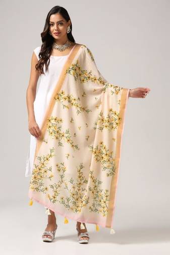 Wevon Jari Border Designer With Digital Printed Cream Linen Dupatta
