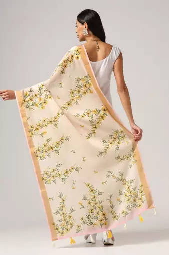 Wevon Jari Border With Digital Printed Cream Linen Dupatta