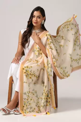 Wevon Jari Border With Digital Printed Cream Linen Dupatta