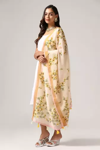 Wevon Jari Border With Digital Printed Cream Linen Dupatta