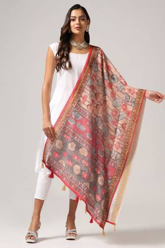 Wevon Jari Border Designer With Digital Printed Pink Linen Dupatta