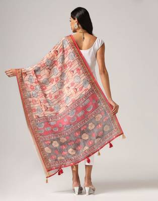 Wevon Jari Border With Digital Printed Pink Linen Dupatta 2