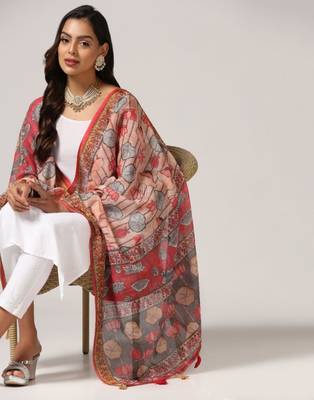 Wevon Jari Border With Digital Printed Pink Linen Dupatta 3