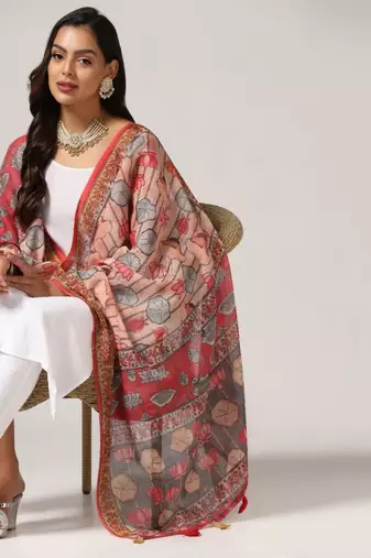 Wevon Jari Border With Digital Printed Pink Linen Dupatta