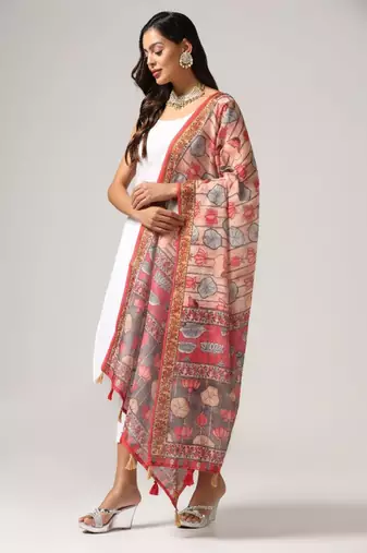 Wevon Jari Border With Digital Printed Pink Linen Dupatta