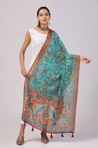 Wevon Jari Border Designer With Digital Printed Sea Green Linen Dupatta