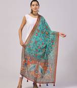 Wevon Jari Border With Digital Printed Sea Green Linen Dupatta