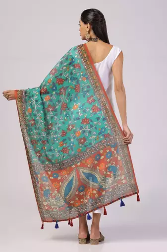 Wevon Jari Border With Digital Printed Sea Green Linen Dupatta