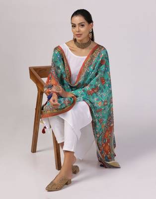 Wevon Jari Border With Digital Printed Sea Green Linen Dupatta 3